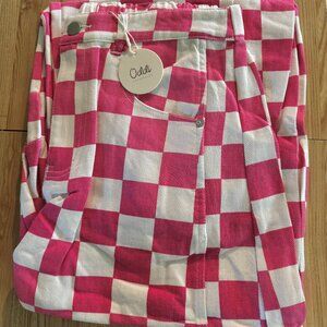 Checkered Print Pants Barrel Denim Pink